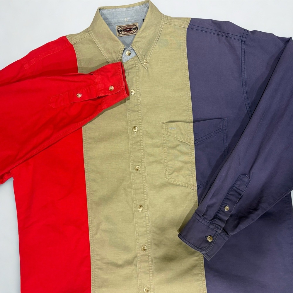 Vintage 90s County Seat JeansWear Men's Button Down Oversized Color Block Medium
